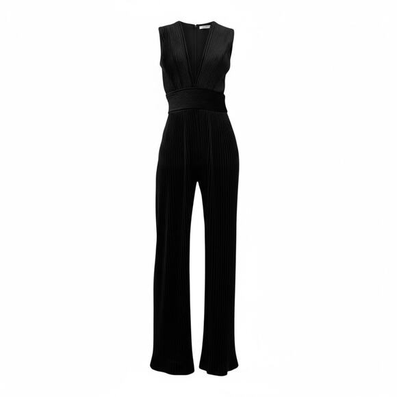 Balmain Black Pleated Velvet Sleeveless Jumpsuit size FR 38 Plunging V Wide-leg - Picture 15 of 16